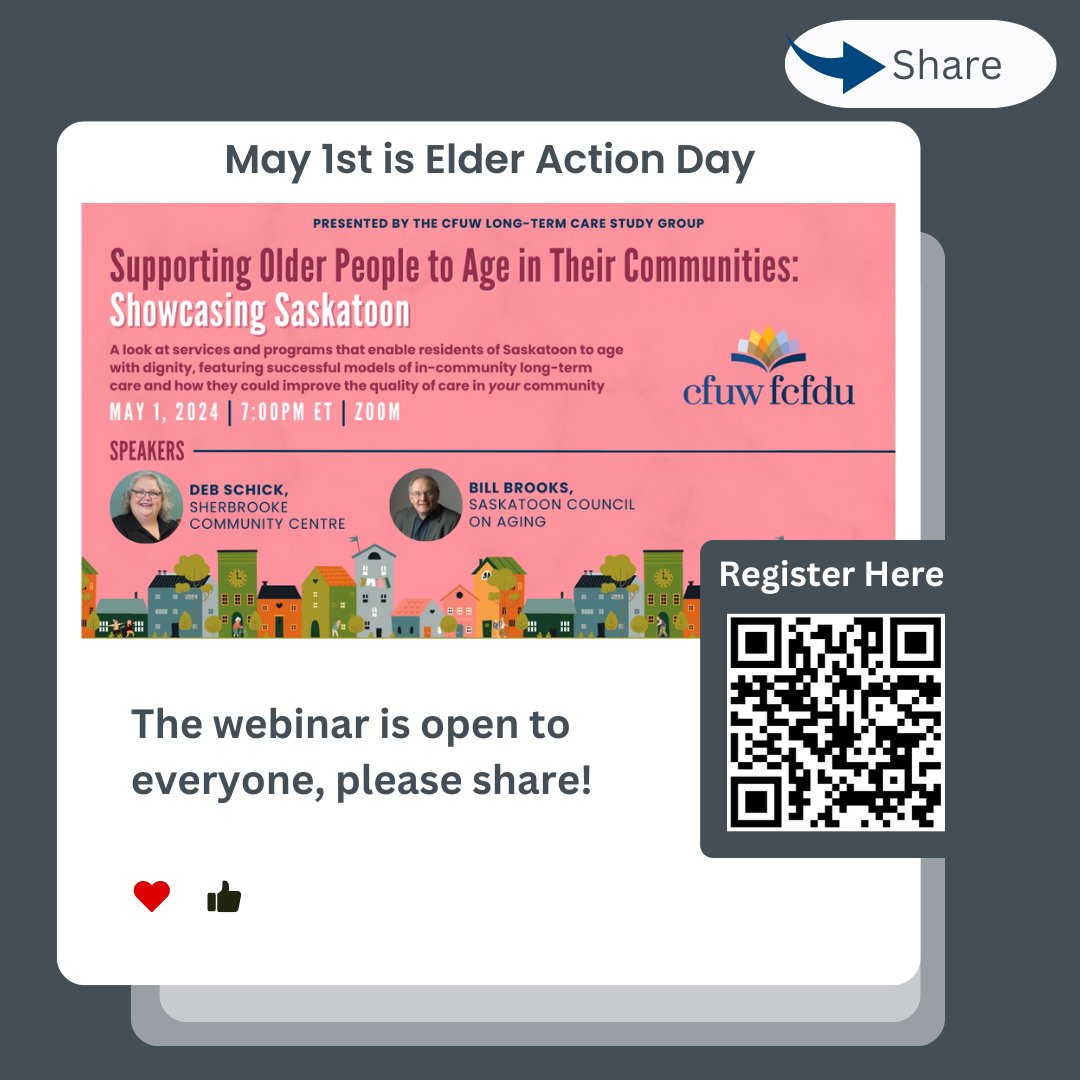 🌟 Mark your calendars for May 1st at 7:00 PM, as the CFUW Long-Term Care Study Group presents their webinar: 'Supporting Older People to Age in Their Communities: Showcasing Saskatoon'. cutt.ly/Fw67qNLy
#AgingWithDignity #CommunityCare #WebinarAlert