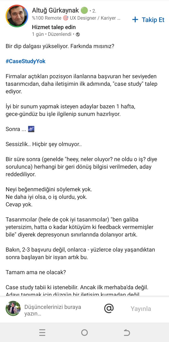 İşte tam olarak da bundan bahsediyordum. Case adı altında dolandırıcılık yapıyorlar.Bilinçlenin arkadaşlar fırsatçı firmaların oyununa gelmeyin! Örnek çalışma kabul edilemez. Biz portfolyoları,cv'leri boşuna mı hazırlıyoruz, süs olsun diye mi.. #CaseStudyYok