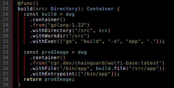 Have you felt the need for a more flexible and composable Dockerfile alternative? Here's an example of a multi-stage pipeline with @dagger_io go, python and typescript functions to build a @golang app OCI image using @chainguard_dev's Wolfi base image