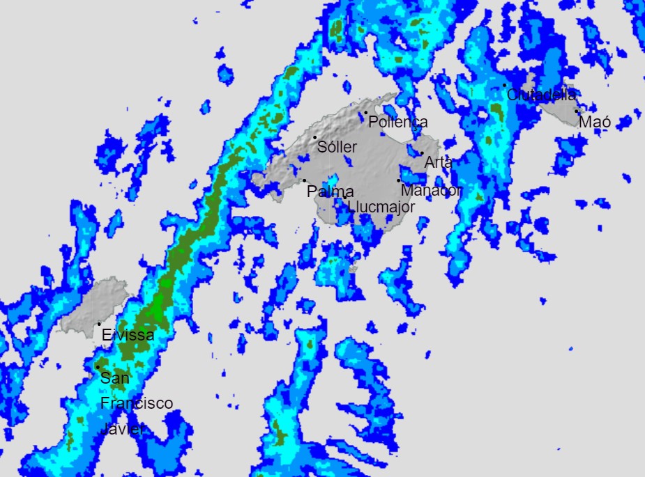 Precipitaciones en #IslasBaleares
Parece como que quiere (la lluvia), pero se deja caer poco. A ver si durante el resto del 'finde' cae bien y en cantidad..., 
Según  @AEMET_Esp, hoy hasta las 22:10, ninguna estación de las islas habría superado los 2 mm.
La necesitamos y mucho.