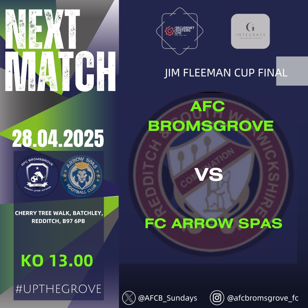 FIXTURE 》

Tomorrow sees the first of two cup finals we’ve reached this season as we face Arrow Spas in what will no doubt be the toughest test of the season to date.

All support appreciated 👏🏽

#UpTheGrove🦁

<a href="/Randswcl/">Redditch & SW League</a>