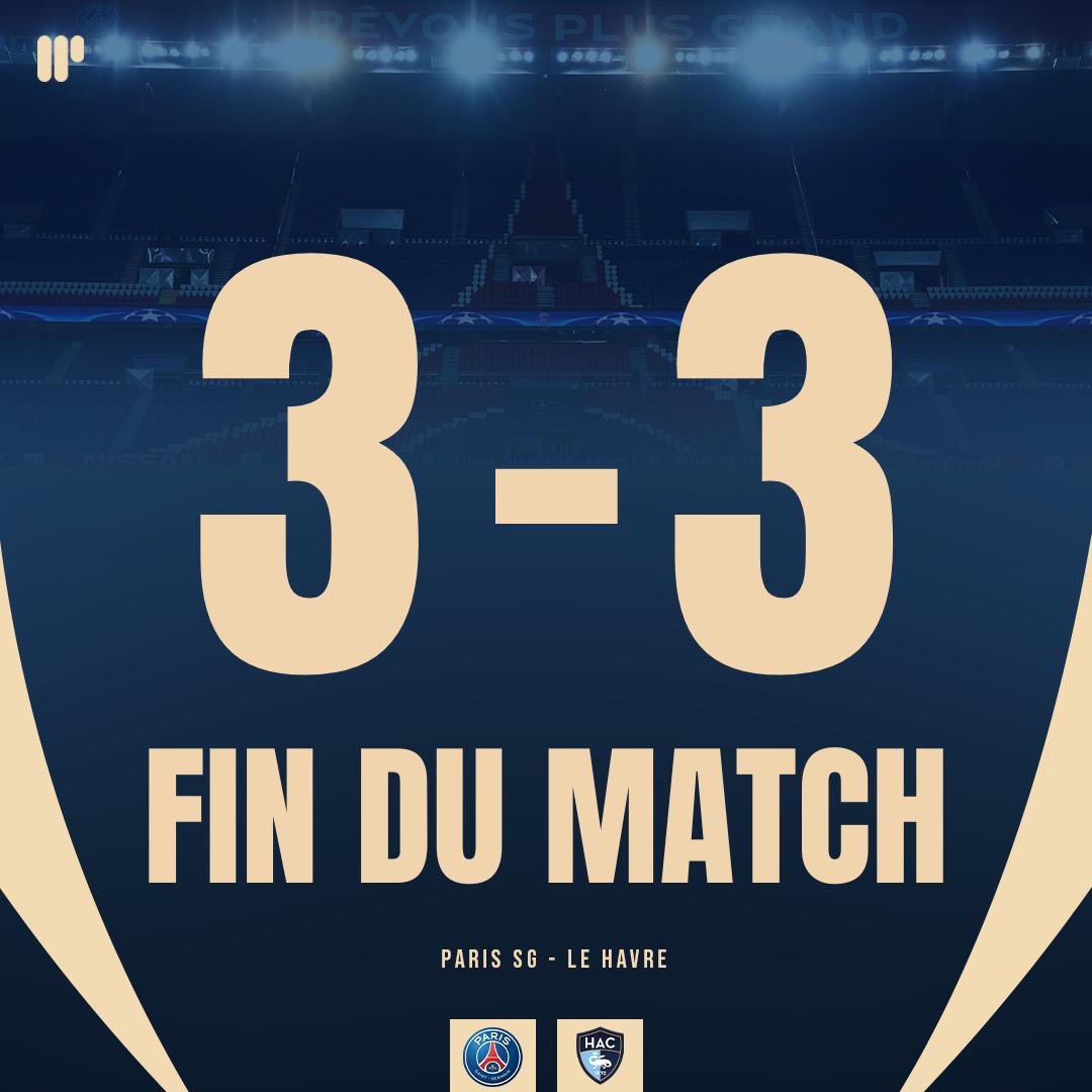 FIN DU MATCH. Le Havre arrache le nul au Parc et maintient en échec le PSG 3-3. Pas de 12ème titre ce soir malheureusement. #PSGHAC