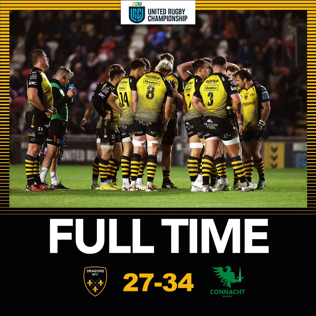 FULL TIME: @dragonsrugby 🐉27-34🟢 @connachtrugby A thrilling fixture at Rodney Parade but a courageous 14 man Dragons suffer defeat late on to our Irish opponents. Your support tonight was incredible, thank you! 👏 #WeAreGwentRugby #DRAvCON