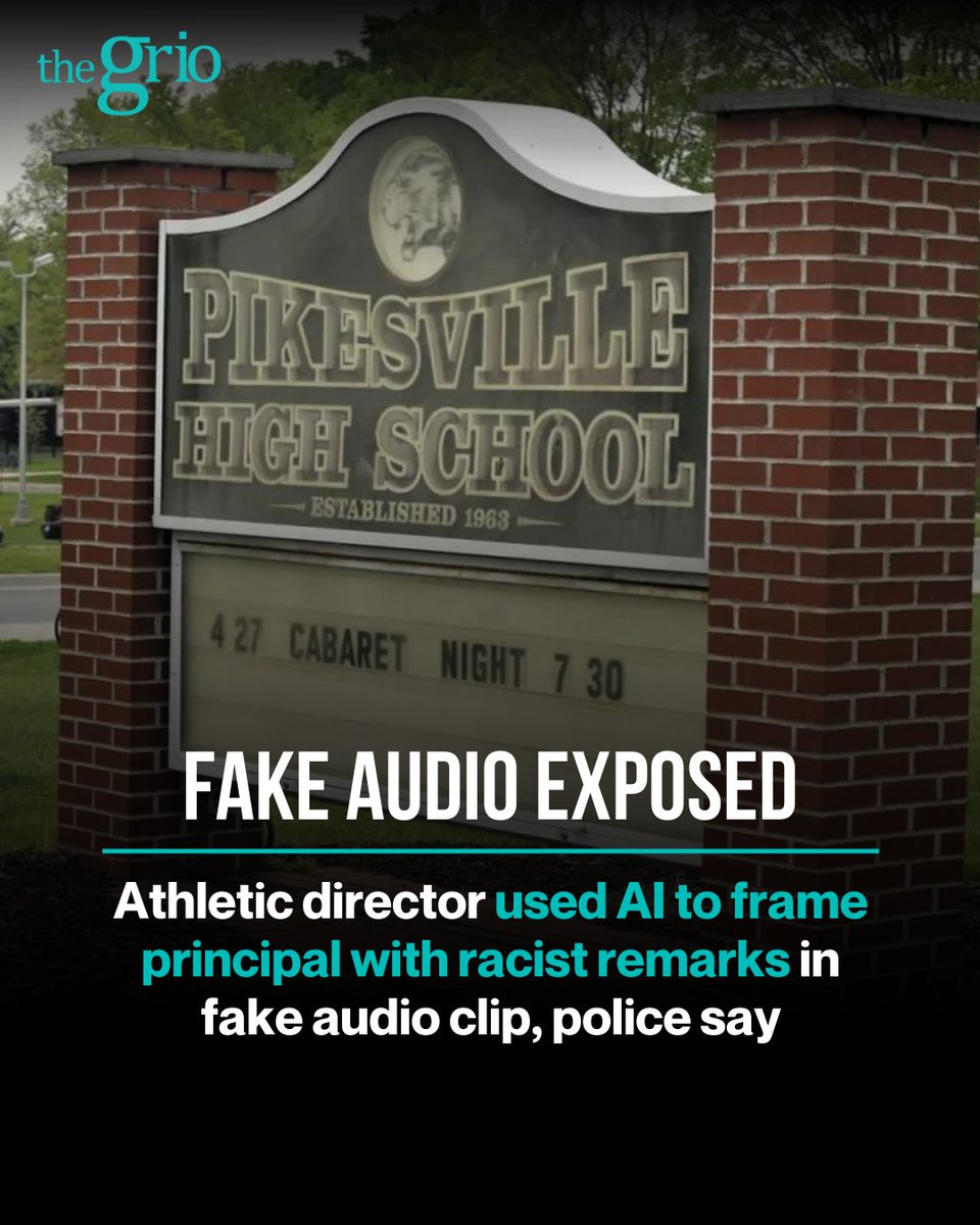 A high school athletic director in Maryland has been accused of using artificial intelligence to impersonate a principal on an audio recording that included racist and antisemitic comments, authorities said. More details at thegrio.com👇🏿 thegrio.com/2024/04/27/pik…