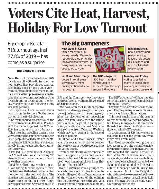 What voters told ET reporters across states on the dipping turnout:- Pure disillusionment with parties & candidates to heat, clash with harvest timings and yes….a Friday poll day allowing that long weekend getaway…. m.economictimes.com/news/elections…