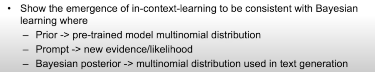 tl;dr LLMS as Bayesian learning : Given a prompt, looks for something close in training set, then uses prompt for new evidence. Then computes a posterior using this new evidence. This posterior distribution is what is used to generate the new text.  (@vishalmisra)

It's so crazy…