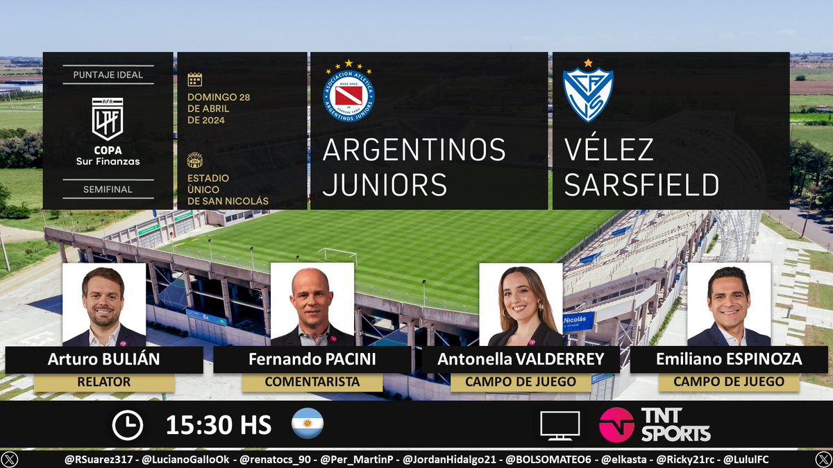 ⚽ #CopaDeLaLiga 🇦🇷 | #Argentinos vs. #Vélez 🎙 Relator: @arturobulian 🎙 Comentarista: Fernando Pacini 🎙 Campo de juego: @AntoValderrey y @emilianoespinoz 📺 @TNTSportsAR 🇦🇷 💻📱 Estadio TNT Sports 🇦🇷 🤳 #LPFxTNTSports Dale RT 🔃