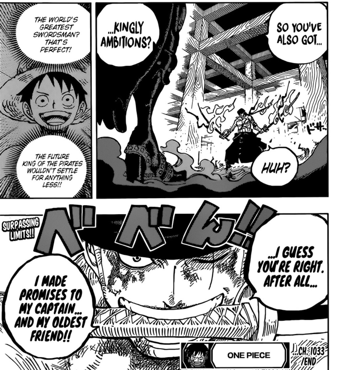 @datboyjohnny420 @4timedai @MiddleWay23 Yes why can’t yall just fucking read the story.

The whole point of the king fight was zoro learning how to control Emma and his acoc. 

The zoro who beat king is far stronger than rooftop zoro.