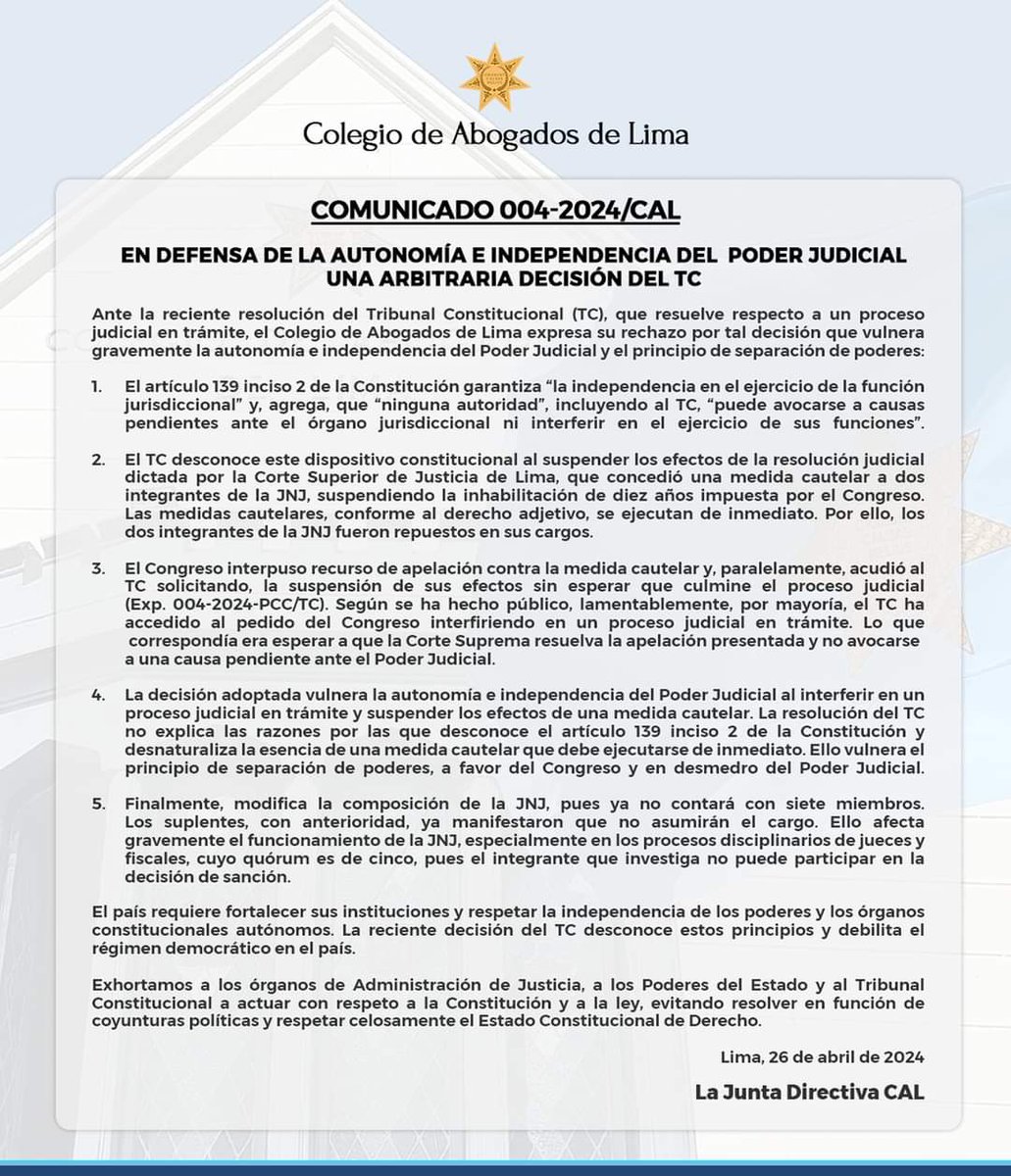 Luego de los pronunciamientos de los colegios de abogados de Ayacucho y Lima, ahora Ancash y Cajamarca también cuestionan la decisión del @TC_Peru a favor de Benavides.