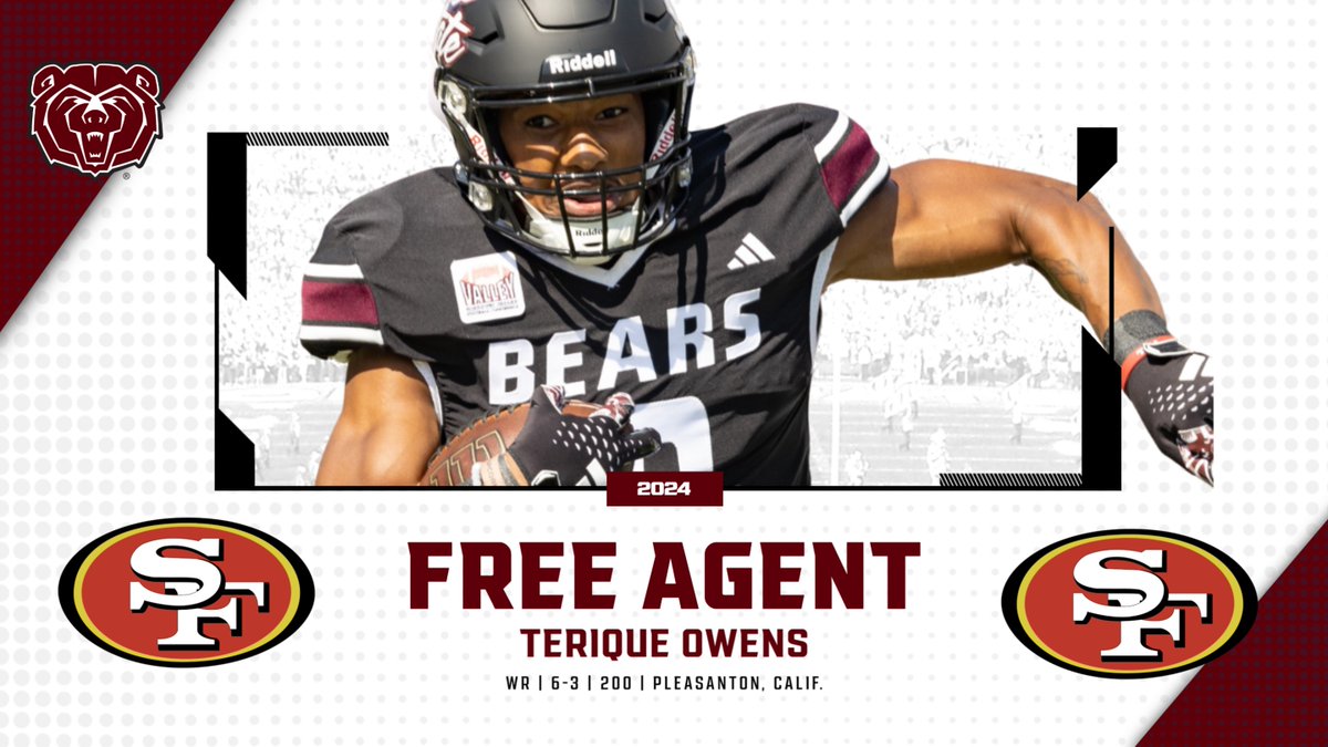 Congrats to MoState WR <a href="/TeriqueOwens/">TO</a> on continuing his football journey with the <a href="/49ers/">San Francisco 49ers</a> !!!  
#OutHitOutHustle

missouristatebears.com/news/2024/4/27…