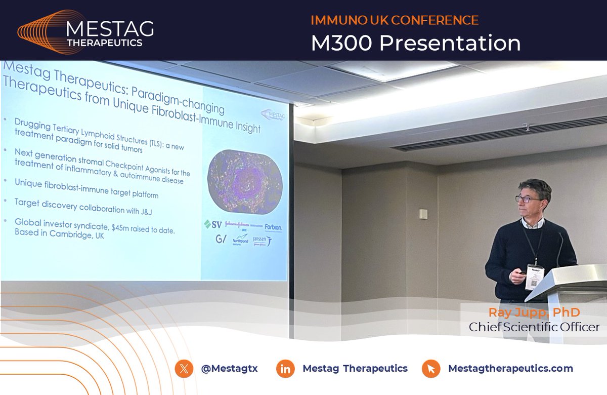 Our CSO Ray Jupp gave a presentation on M300, our FAPxLTBR bispecific antibody that conditionally induces TLSs for anti-tumor activity, at the Immuno UK Conference. Download our M300 poster: mestagtherapeutics.com/wp-content/upl…