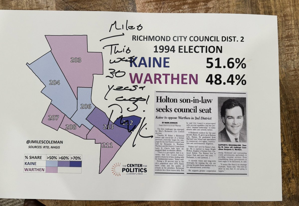 30 years later, the winner of this city council race in Richmond signed my map. (But really, thanks @timkaine!)