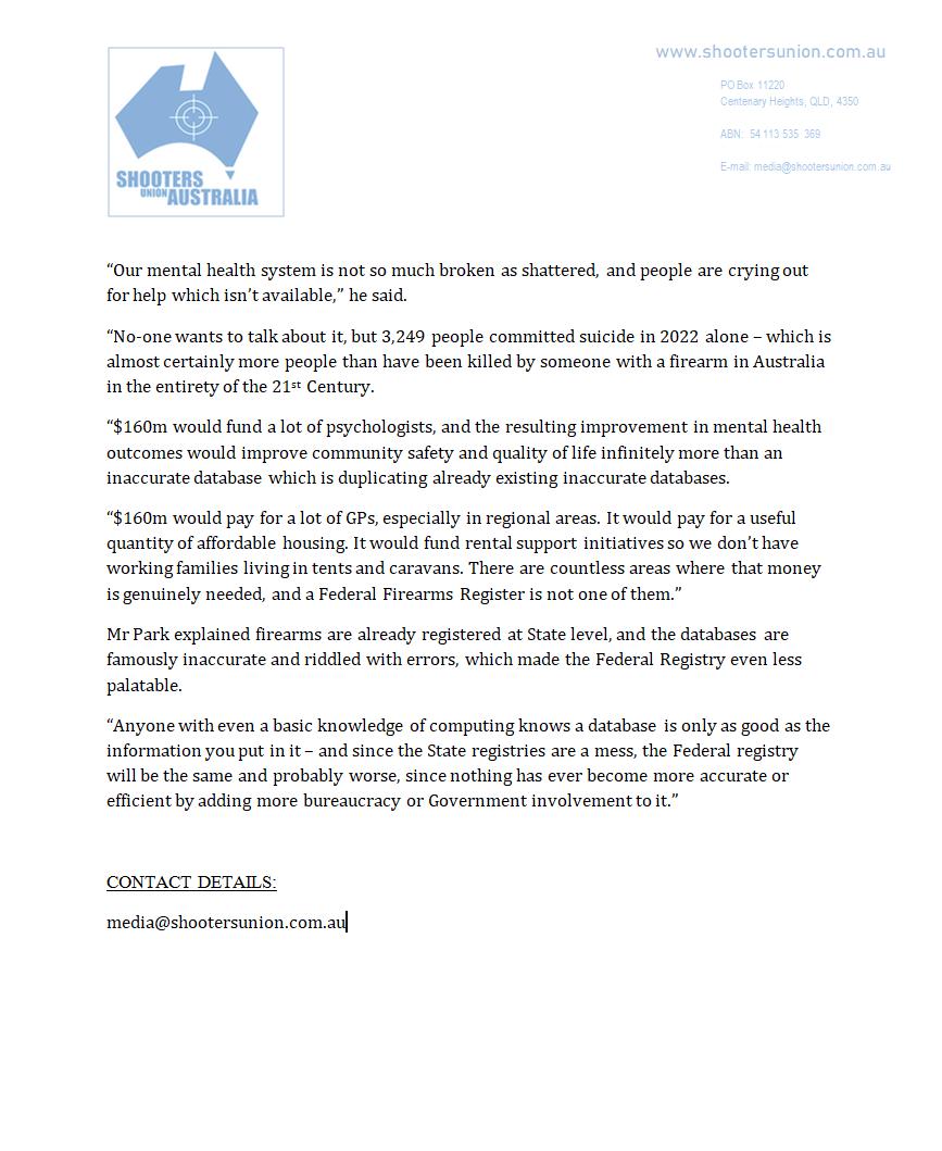 ShootersUnion's tweet photo. Our media release regarding the announcement of $160m in funding for a Federal Firearms Register.

Media enquiries: Media@shootersunion.com.au https://t.co/be6AGdXcMs