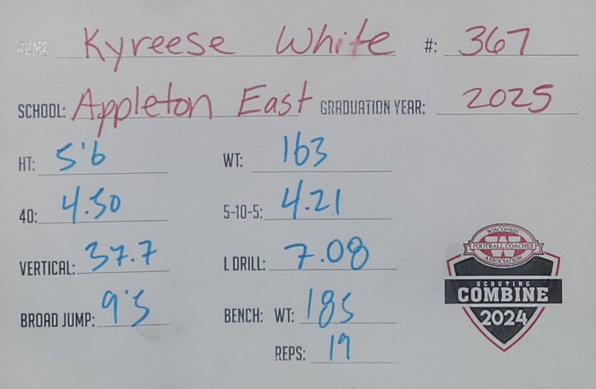 Kyreese White (@kyreesekw) on Twitter photo Had a fun time at the WFCA combine today. Thank you <a href="/SynergySPGB/">Synergy Sports</a> for the preparation.
<a href="/wissportsnet/">WisSports.net</a> <a href="/MJ_NFLDraft/">Mark Johnson</a> <a href="/PrepRedzoneWI/">Prep Redzone Wisconsin</a> <a href="/travisWSN/">Travis Wilson</a> Had a fun time at the WFCA combine today. Thank you <a href="/SynergySPGB/">Synergy Sports</a> for the preparation.
<a href="/wissportsnet/">WisSports.net</a> <a href="/MJ_NFLDraft/">Mark Johnson</a> <a href="/PrepRedzoneWI/">Prep Redzone Wisconsin</a> <a href="/travisWSN/">Travis Wilson</a>