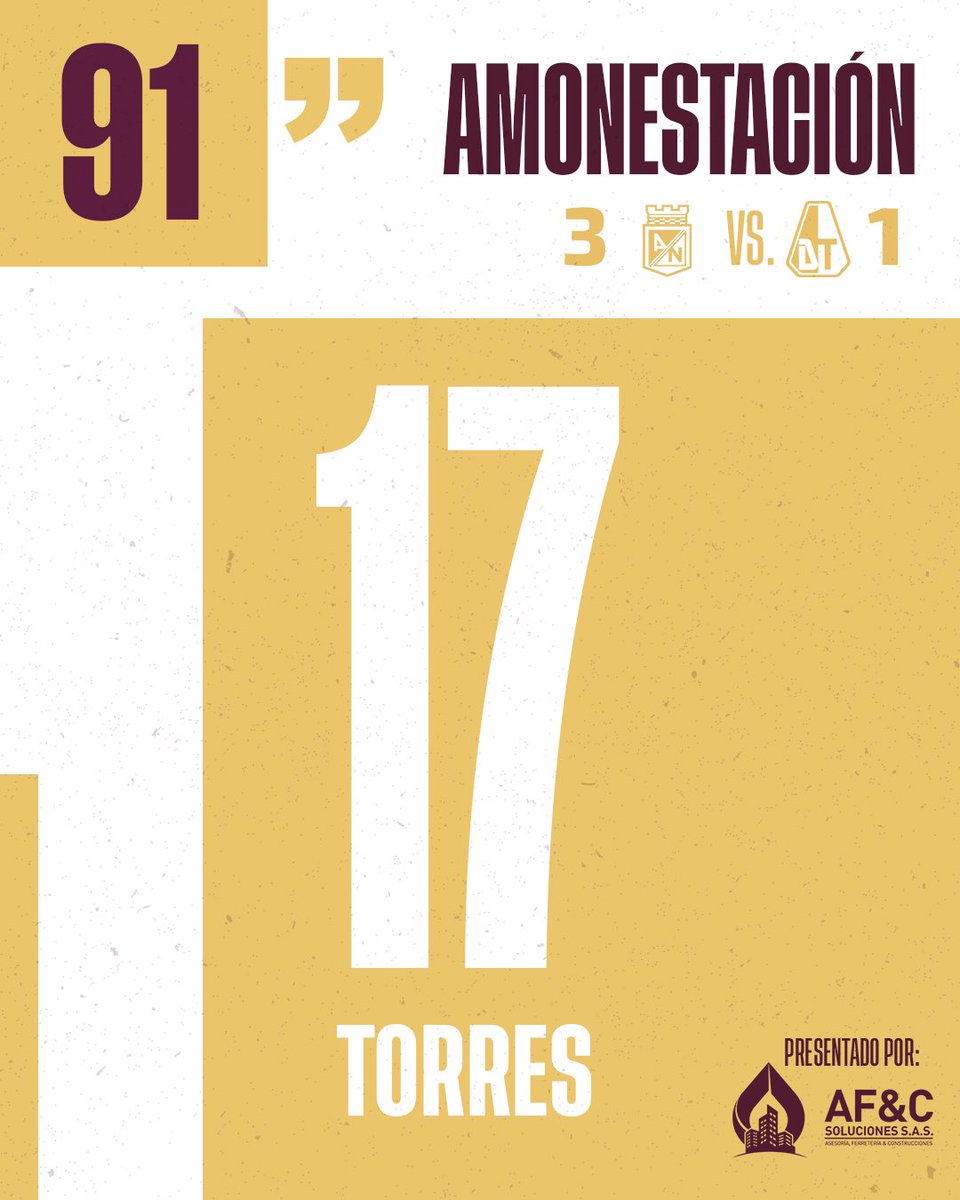 91’ ⏱️ Tarjeta amarilla para Marlon Torres. | Atlético Nacional 3-1 Deportes Tolima |