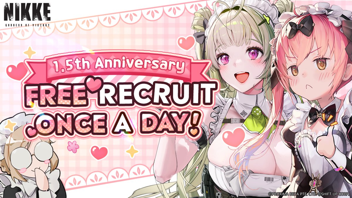 【1.5 Anniversary Free Recruit Event】

1 Free Daily Recruit Event is in progress!

For the duration of 21 days, get 1x Free Daily Recruit on Crown Special Recruitment page!🎁

Event Ends
📅 5/16 04:59 (UTC+9)

Select
-Recruit → Crown [Special Recruit] 

#NIKKE
#NIKKEAnniversary