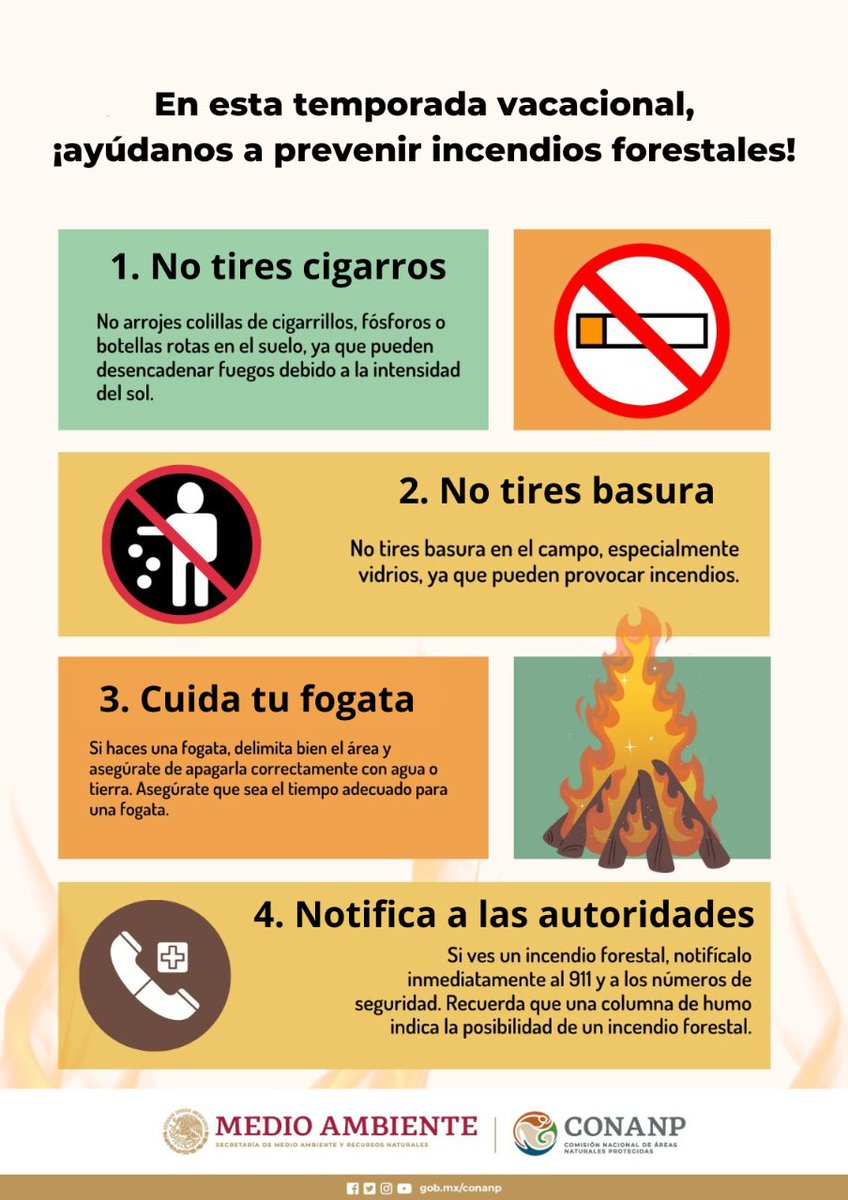 Los #IncendiosForestales afectan a los ecosistemas, la biodiversidad y a nuestra salud. 🔥😷🌲🐰🪻🦥 ¡Sigue estas recomendaciones y ayúdanos a evitar riesgos! #PrevenirParaConservar ⚠️🚯🧯🚭🚒