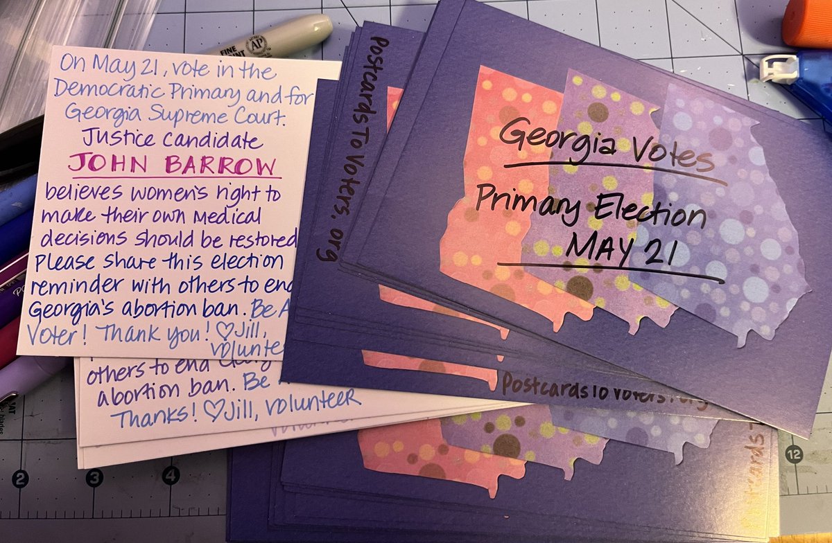 #PostcardsToVoters headed to GA they have a Supreme Court Justice candidate John Barrow in the May 21 primary to help end Georgia’s abortion ban! Help us write to as many Dems statewide! To get started go to postcardstovoters.org!