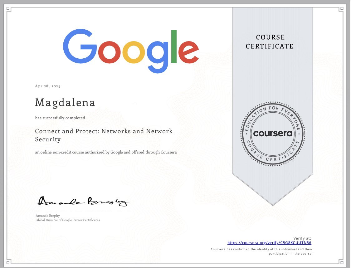 I finished the third course in the Google Cybersecurity Professional Certificate. 5 more courses to go. #GrowWithGoogle