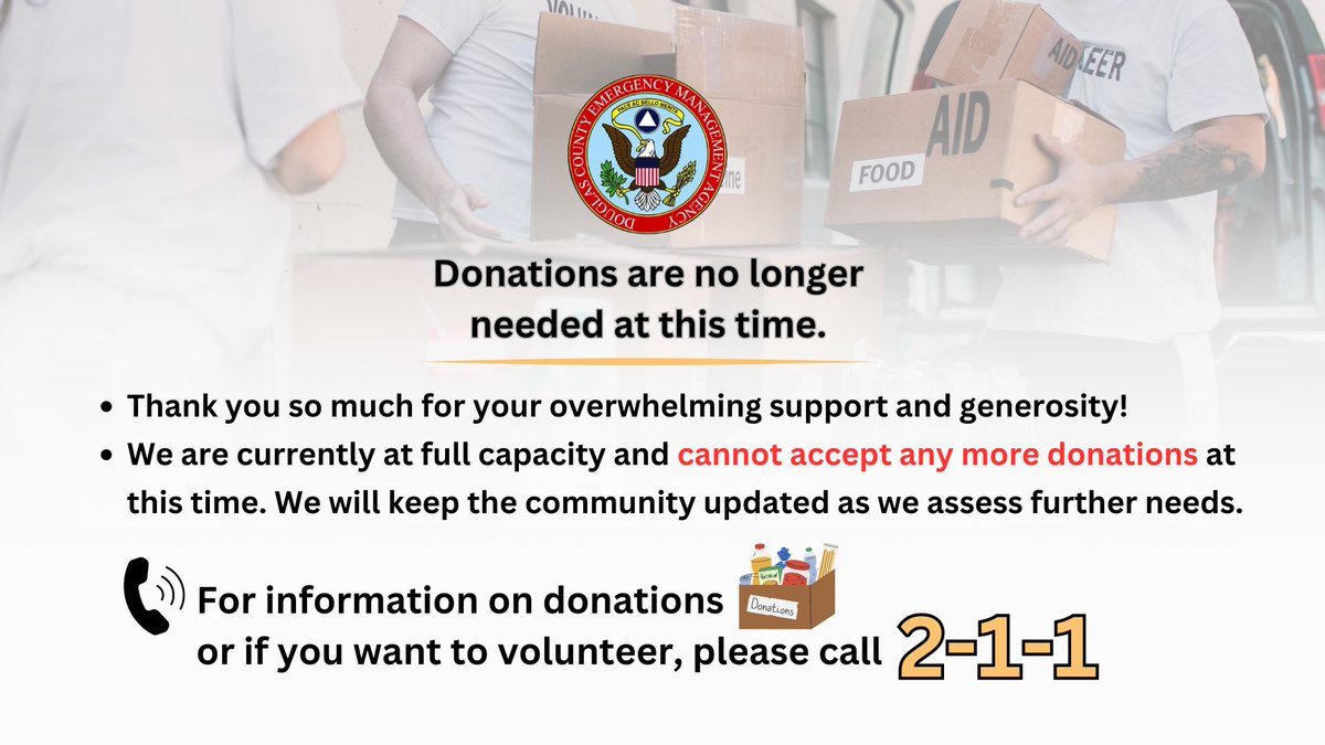 Please see the important message below from @DCEMA_Nebraska regarding donations. If you want to volunteer, please call 2-1-1. Thank you for your support and generosity!