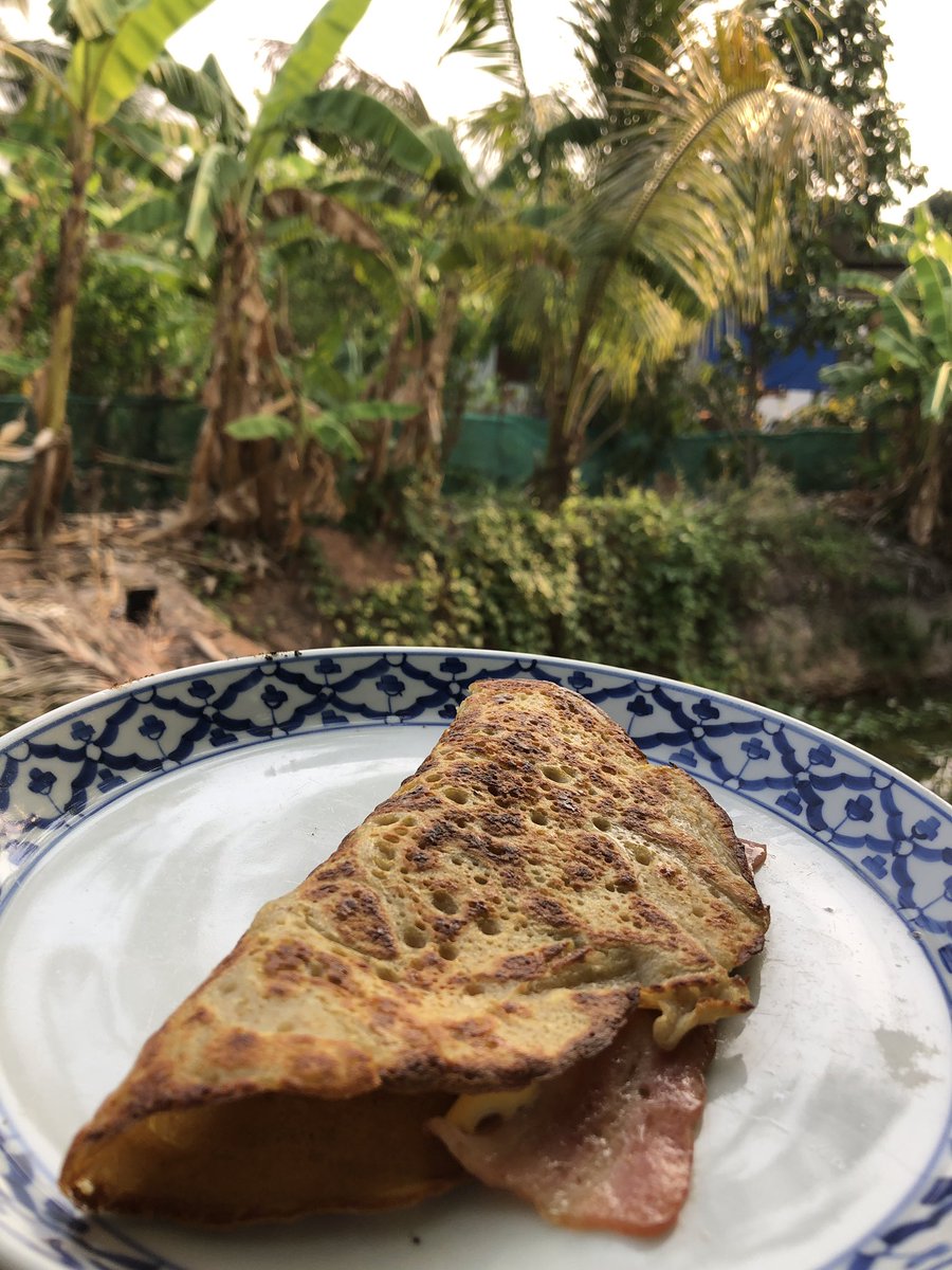 Bacon and cheese @staffsoatcakeco #madeinstokeontrent cooked for breakfast this morning in Thailand. Pretty good for our first effort.