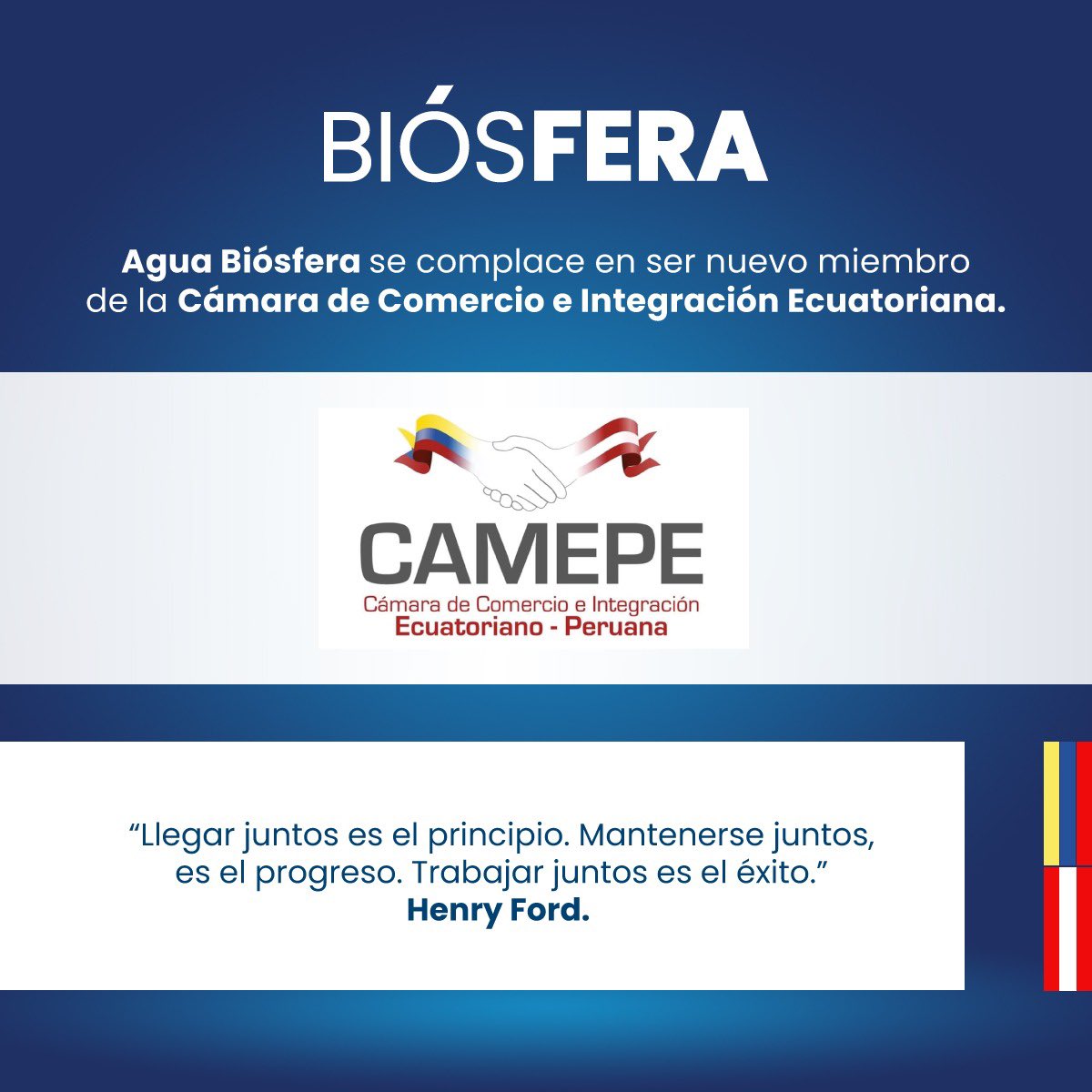 🤩🤩 Con gran orgullo celebramos ser nuevo miembro de la Cámara de Comercio Ecuatoriano-Peruana, Camepe.

Tenemos el firme compromiso de trabajar juntos para promover prácticas responsables con la sociedad y el medioambiente.

#CAMEPE
#LDU
#aguabiosfera 
#AguaColoidal