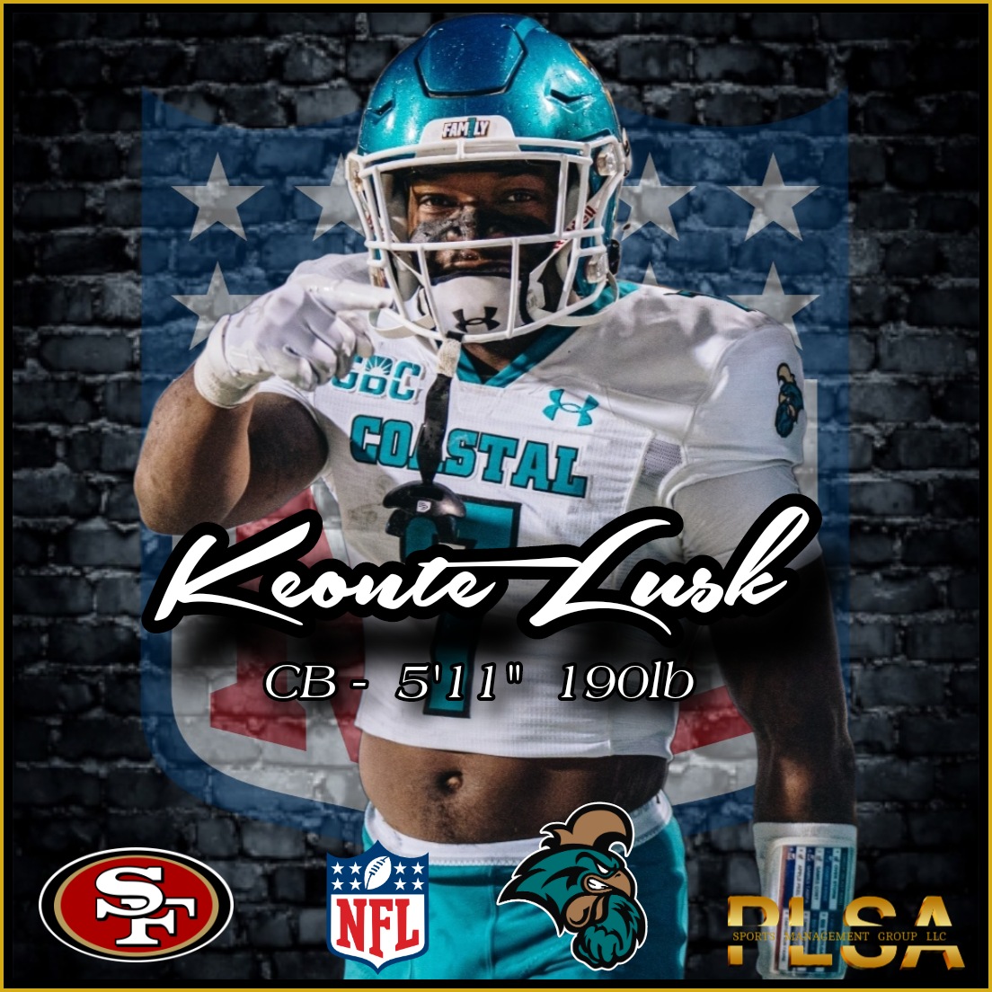 Congratulations to <a href="/ProLevelAgents/">PLSA Sports Management Group, LLC</a> client Keonte Lusk <a href="/DBKe10/">KEONTE LUSK</a> for receiving a Rookie Mini Camp invitation from <a href="/49ers/">San Francisco 49ers</a> 

Keonte is a 5'11" &amp; 190lb CB who played collegiately at <a href="/CoastalFootball/">Coastal Football</a>