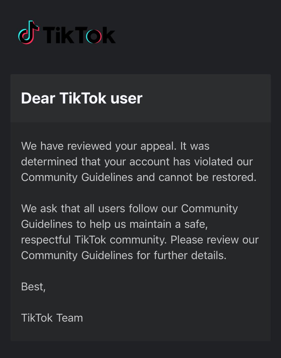 . @TikTok just banned me for a second time. First at 54k followers and now again after getting to 16k. No actual reason why since my website link is the one I’ve always had. I don’t show nudity or even assels on that platform but 🤷‍♂️. I’m too tired to do this again y’all. ✌️