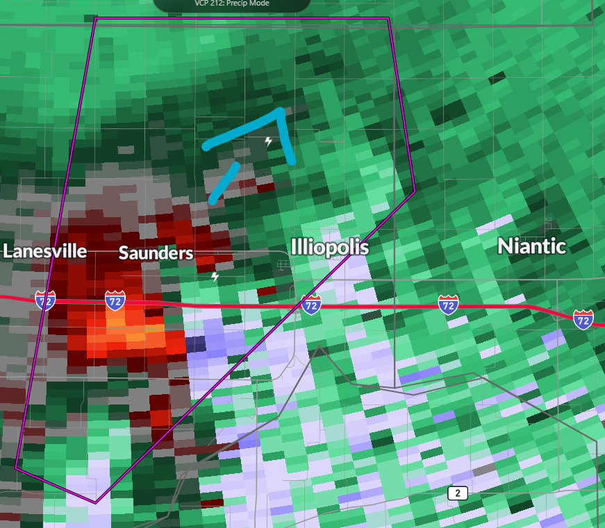 MOST LIKELY A Tornado Crossing over i72 between these areas