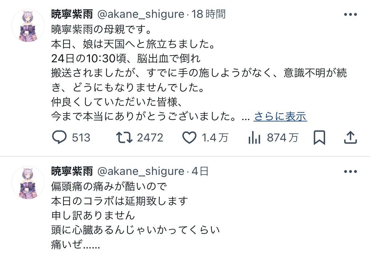 Vtuberの方が「偏頭痛かな？→脳出血で急逝」となってしまったポストが流れてきましたが、僕の妻も意識消失する前は「偏頭痛かな......」なんて言ってました

普段と違う調子ならば必ず病院に行って欲しい
この世には様子を見ていい病気もあれば、致命的な病気もあるのよ

ご冥福をお祈り致します