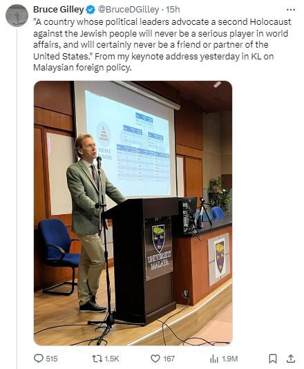 I never condone cyberbullying but Bruce Gilley is a pro-zionist professor who came to Malaysia, insulted us, trying to inject his pro-zionism and pro-colonialism ideals into our minds. And has been showing 0 remorse. 

So Malaysians, do what you do best and shut this account down