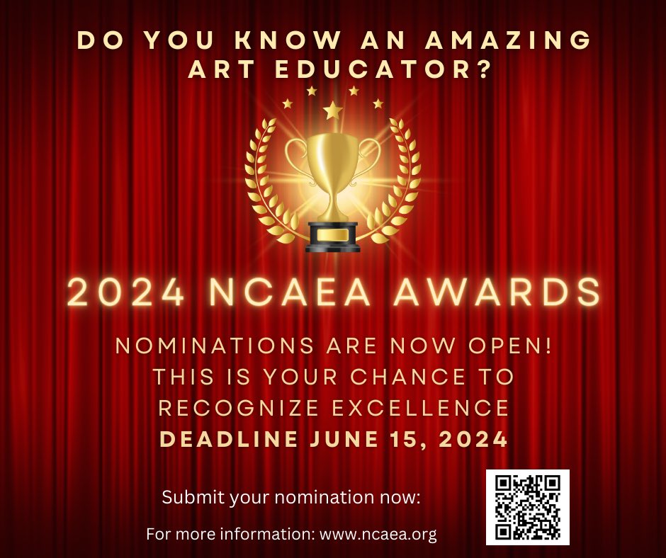 The 2024 NCAEA Awards Nominations are now open until June 15th, 2024. Nominate an outstanding educator today!' 2024 NCAEA Awards Nomination Form shorturl.at/eipMN 2024 Friends of the Arts Nomination Form shorturl.at/aqA68