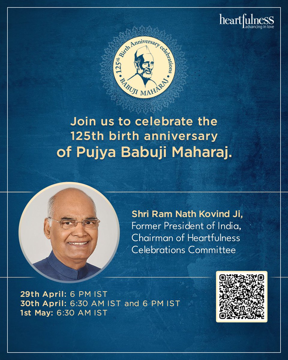 A soulful journey of homage, celebration and inner peace! Join us in commemorating the 125th birth anniversary of Pujya Babuji Maharaj, founder of Heartfulness, to honour his scientific teachings and legacy. The meditation sessions will be led by Daaji ( @kamleshdaaji ), global…