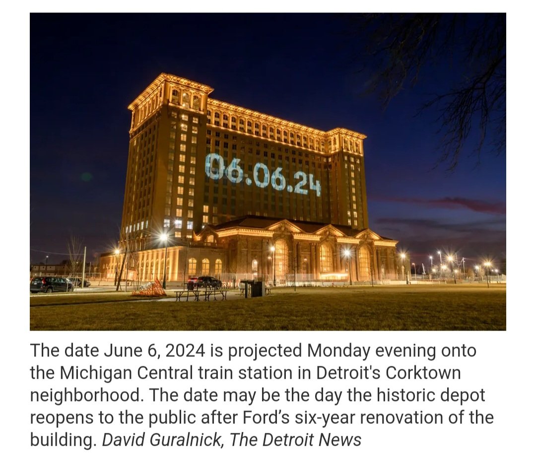 There's That Date Again: Ford - Start 👀 The time frame not important in this instance. Check out the wording here. Detroit — The city’s historic train station is setting up for a grand re-opening and the date is set. After sunset Monday, '06.06.24' could be seen from…