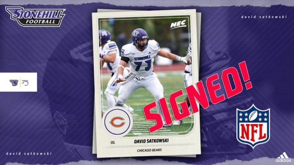 Congrats to @David_Satkowski on accepting an invitation to rookie minicamp with the @ChicagoBears! He becomes the first Stonehill Skyhawk invited to @NFL minicamp! #DIG
