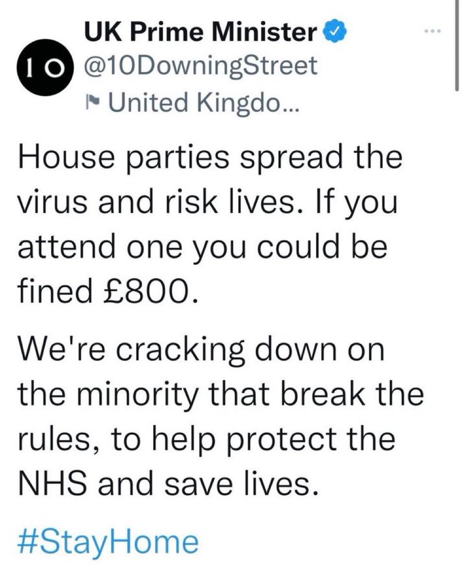 Never forget this post from Boris Johnson during COVID whilst he himself is said to have attended 50 + parties in no 10 or what he described them as staff moral boosting gatherings where everyone got pissed until they were sick became unruly and caused damage. Never ever forget.