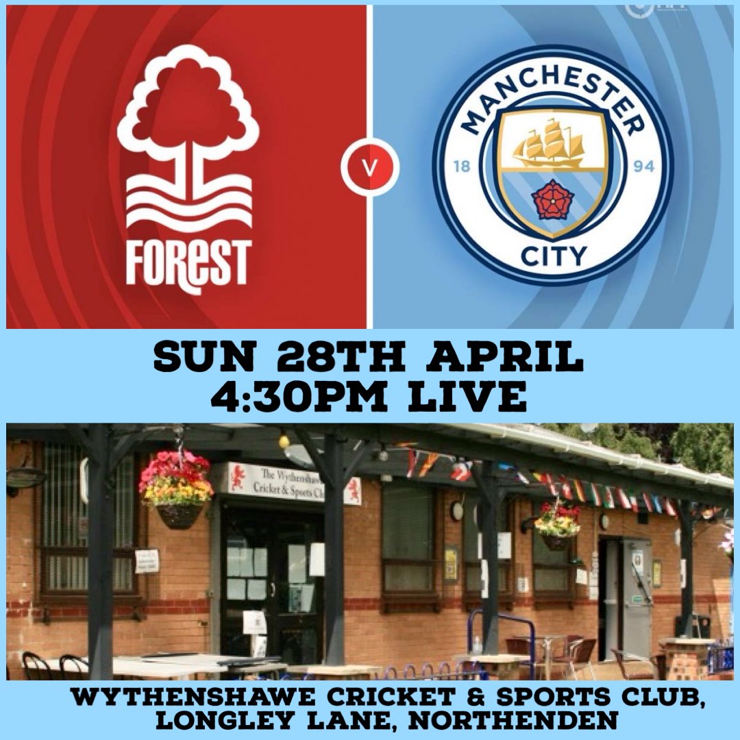 We’ll have Notts Forest v MCFC 4:30pm LIVE here tomorrow Sunday 28th April here at Wythenshawe Cricket & Sports Club, Northenden⚽️