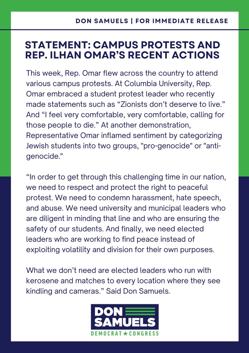 Candidate for Congress Don Samuels' Statement on Campus Protests and Rep. Ilhan Omar's Recent Actions: 'What we don't need (right now) are elected leaders who run with kerosene and matches to every location where they see kindling and cameras.'