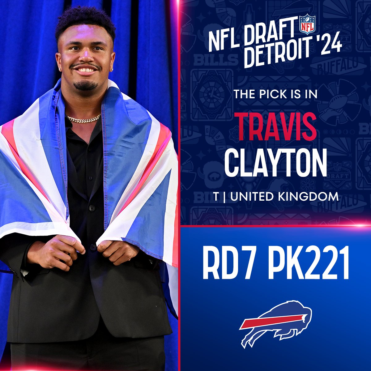 With the No. 221 overall pick in the 2024 @NFLDraft, the @BuffaloBills select Travis Clayton! @nfluk @NFLAcademy 📺: #NFLDraft on NFLN/ESPN/ABC 📱: Stream on #NFLPlus