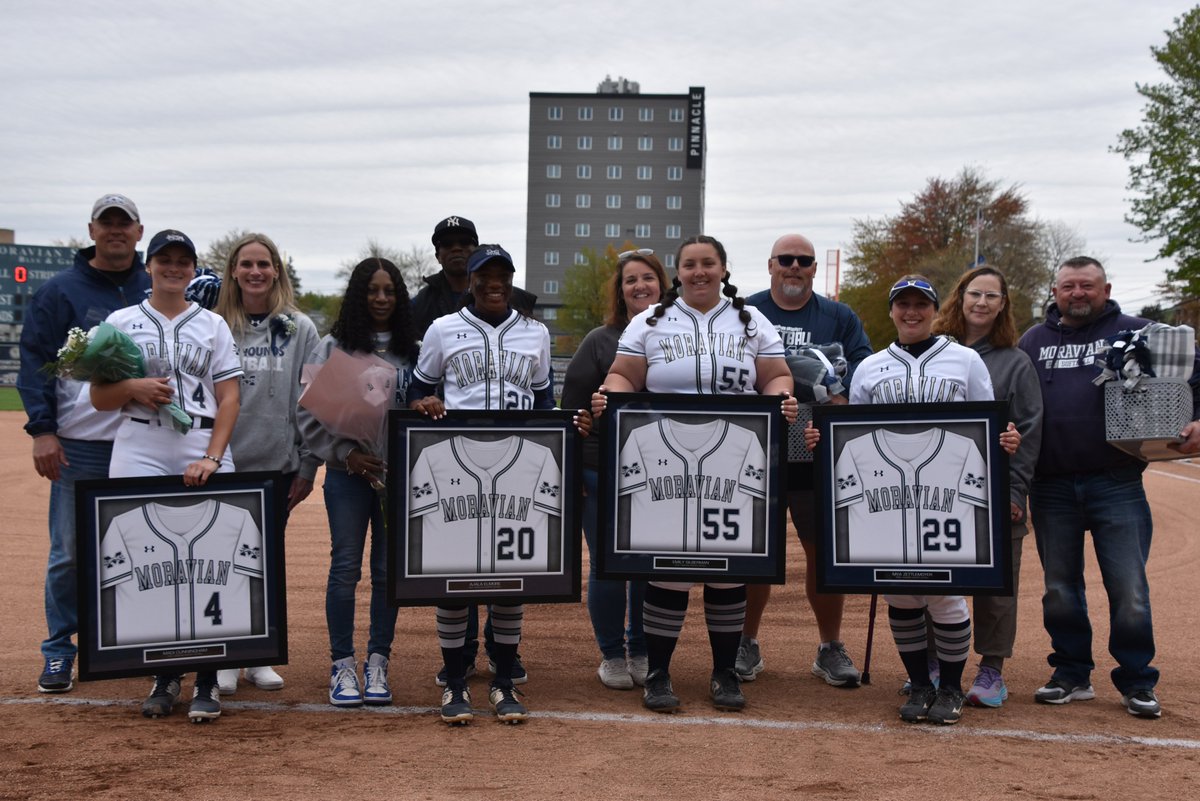 Prior to today's doubleheader versus The University of Scranton, the @moraviansb seniors were honored. Congratulations to seniors Madi Cunningham, Ajala Elmore, Emily Silberman and Mya Zettlemoyer. #HoundEm