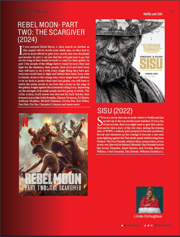 ' Smart Casuals, Sisu, Rebel Moon - Part 2, the scargiver'.  

bit.ly/BDWeekender27A…

businessday.ng/bd-weekender/a… 

@businessdayng

@lehlelalumiere

@Netflixnaija 

@Netflix 
#netflix #Marriedtowork #theshallows ##saturday #action #romanticmovies #smartcasuals #sisu #Rebelmoon2