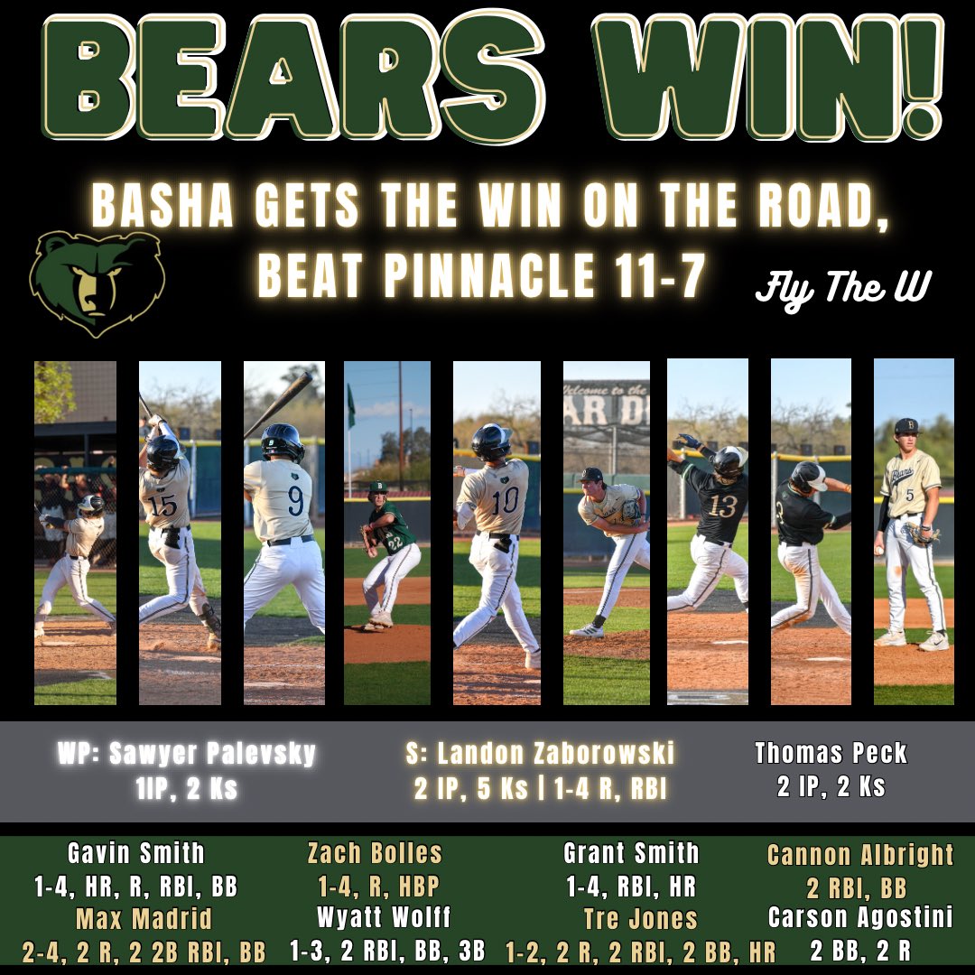 BEARS WIN!!! #9 Basha gets the road win at #8 Pinnacle, beat Pioneers 11-7. Basha Bears advance to the second round of the AIA State Championship Tournament. #FlyTheW