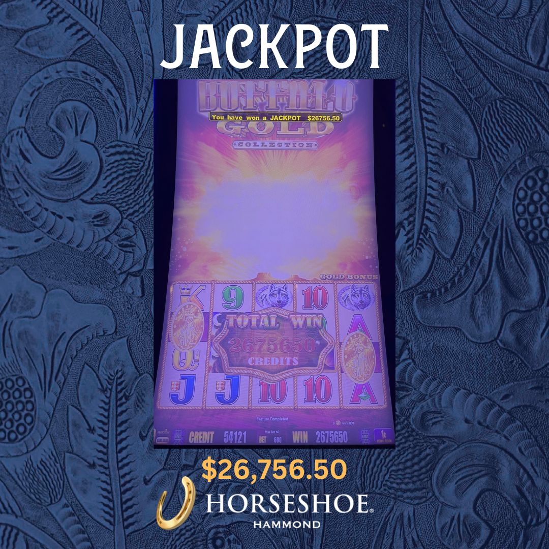 HorseshoeHammnd's tweet image. This $26,756.50 #JACKPOT was hit with a $6 spin during a bonus on #BuffaloGold! Congratulations to this #CaesarsRewards #Winner!

Know When To Stop Before You Start.® Gambling Problem? Call 1-800-9-WITH-IT. ©2024, Caesars License Company, LLC. 
#horseshoehammond