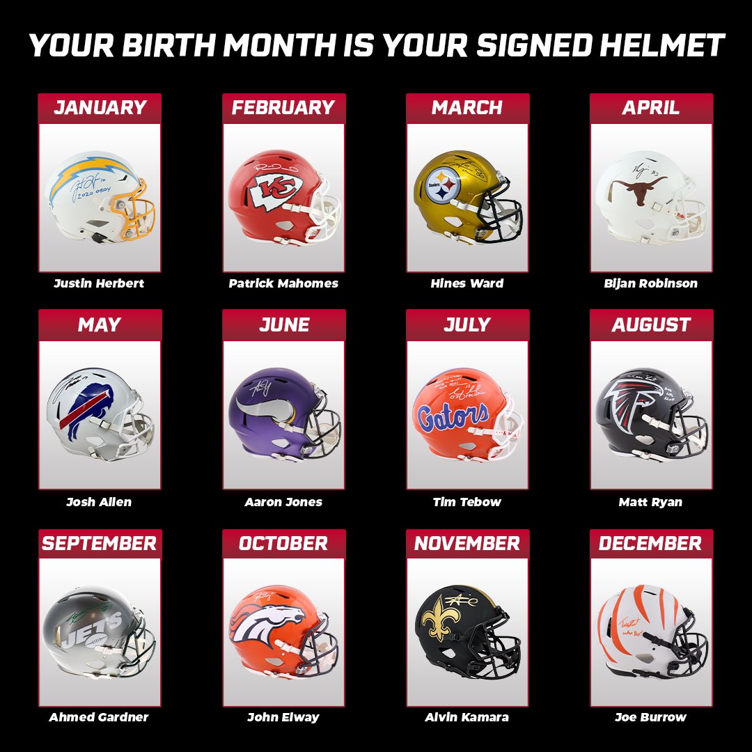Your birth month is your signed football helmet from the Helmet Auction 🥳🏈 #SignedFootballHelmet #AutographedHelmet #FootballMemorabilia #GridironSignatures #HelmetAutographs #SportsCollectibles #FootballFanatics #CollectorItems #GameWornGear #SportsMemorabilia