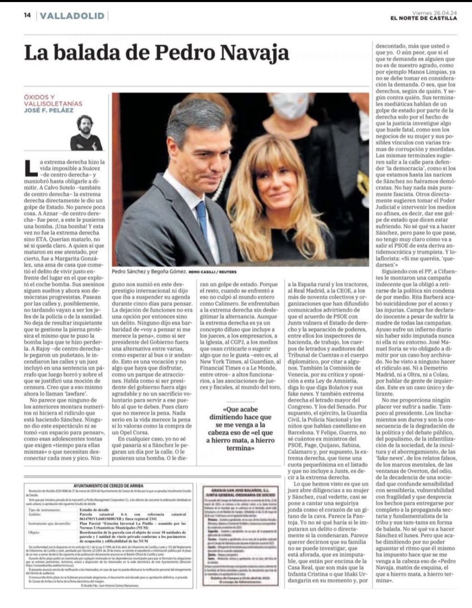 Buenísimo artículo artículo de José F. Peláez para "El Norte de Castilla". Ni queremos ni necesitamos un presidente que se dedique a estas chiquilladas.