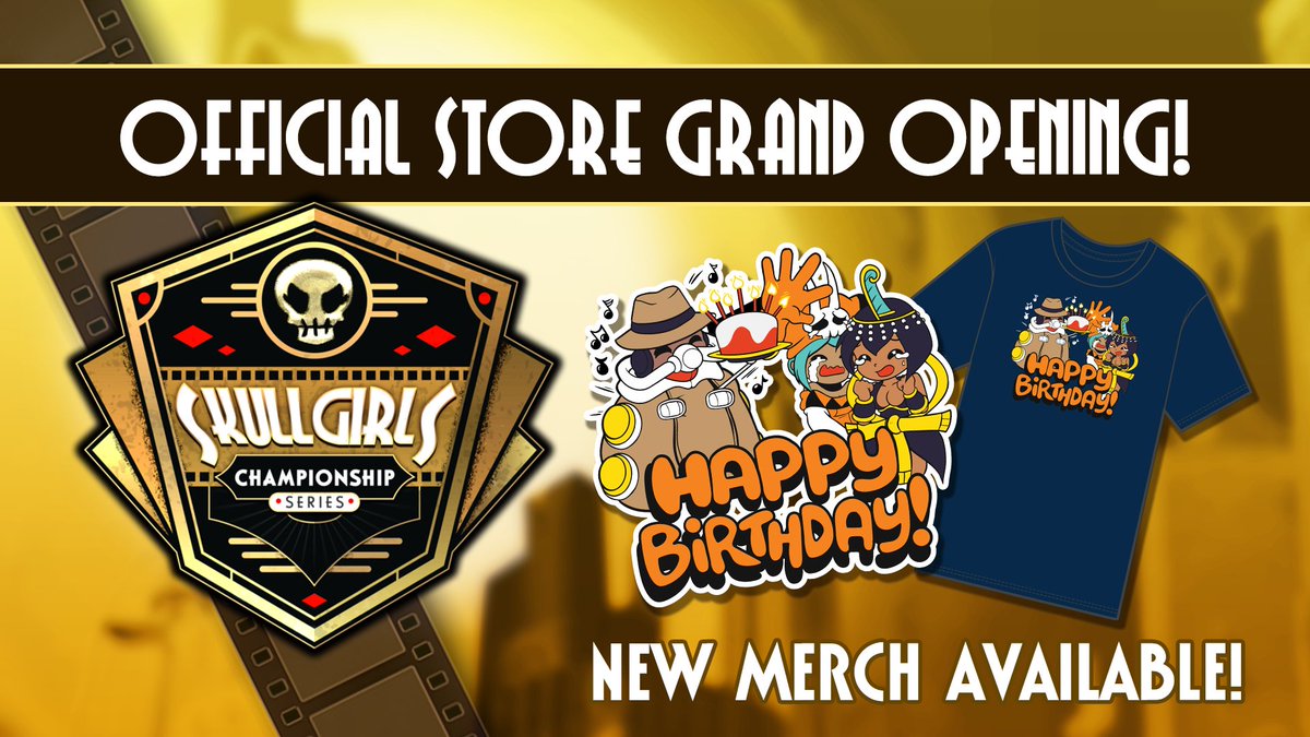 It's the grand opening of the Skullgirls Championship Series 2024 online store! 🎉 bit.ly/sgcs2024happyb…​​ 🎉 The first items we're rolling out celebrate that one Skullgirls clip - you know the one! (Or you could use them to wish someone an actual happy birthday I guess.)