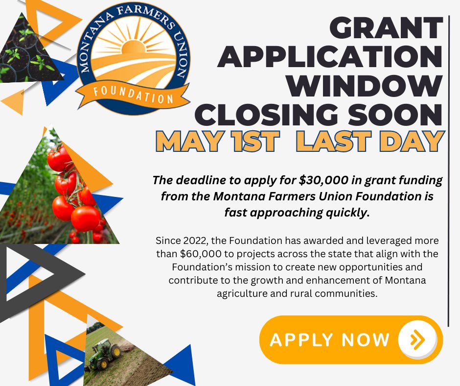 Grant window is closing soon! Apply today at montanafarmersunion.com Project applications must include an educational component for youth and/or adults with priority given to rural communities. Apply by May 1st.