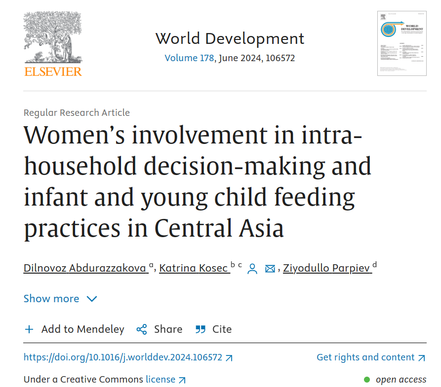 🆕📰 Women’s involvement in intra-household decision-making and infant and young child feeding practices in Central Asia. 🖊️by Dilnovoz Abdurazzakova, Katrina Kosec, and Ziyodullo Parpiev. 🖱️doi.org/10.1016/j.worl… @CGIAR @ADilnovoz @kkosec #FCM_Initiative #CentralAsia