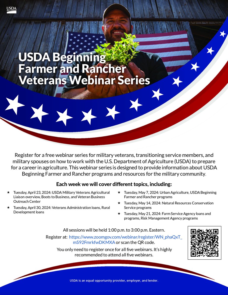 Are you a military veteran, transitioning service member or military spouse? Don't miss your chance to work with the @USDA to prepare for a career in agriculture! Check out these free upcoming webinars to learn more & register below! #NCAgriculture ➡️ loom.ly/_ZKrcnI