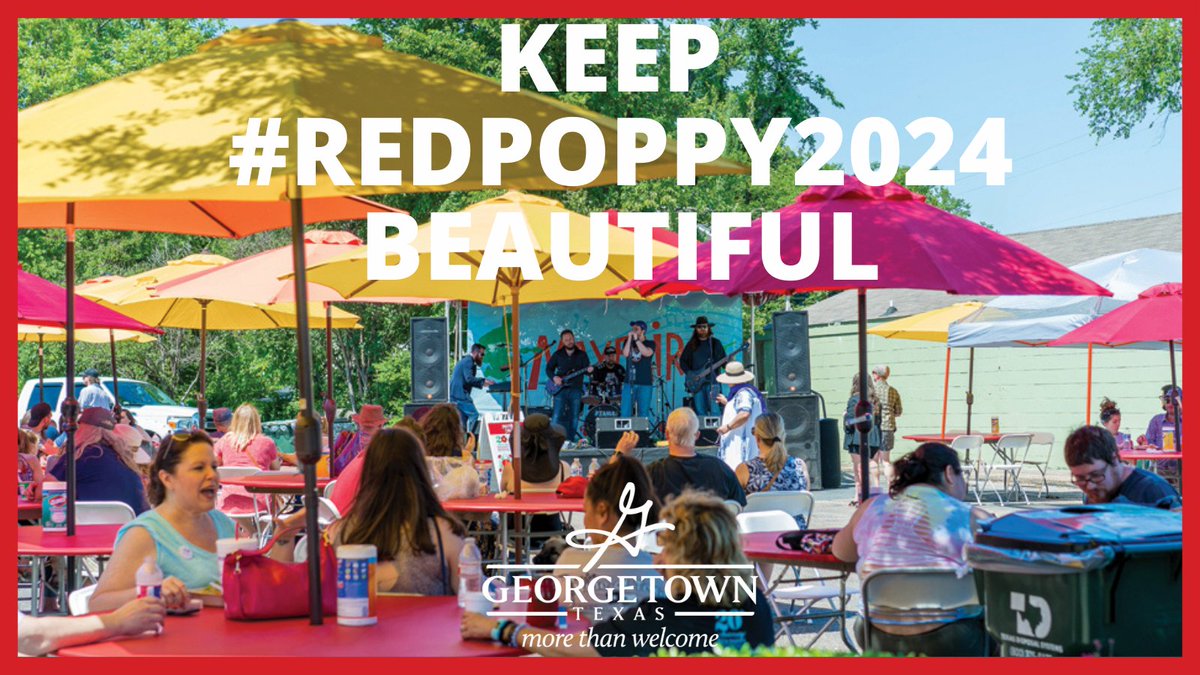 visitgeorgetown's tweet photo. We expect to see 1000s of people in #GeorgetownTX for #RedPoppy2024🌹.    

💚Together, we can keep the Square clean + divert waste from our landfill. 💚 

Throw away your 🗑️trash &amp; ♻️recycling into the proper containers – located conveniently throughout the event! https://t.co/mtHy0BpHZH